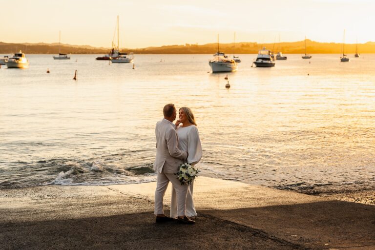 Bride and groom on the Russell wharf