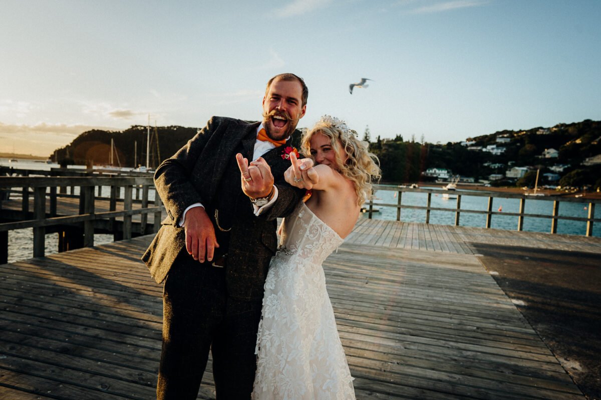 Bride and groom on the wharf in Russell